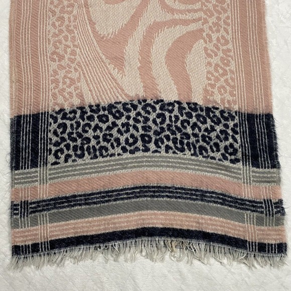 Shawl Scarf Wrap Wool Blend Pink Cheetah Print Blue Stripes Fringe Mixed Media - Picture 2 of 8